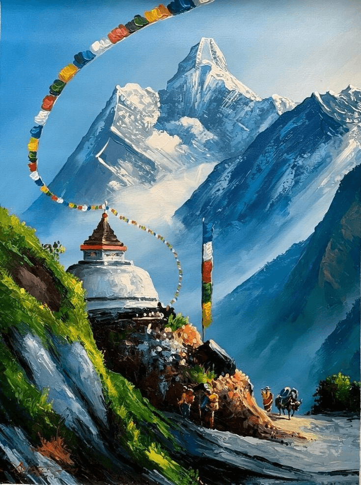 Tibetan mountains and stupa artwork